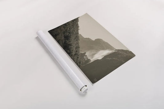 Western Brook Pond Falls Sepia by Nathan Larson. shown as a rolled paper print. Available as archival giclee rolled canvas, fine art paper, or poster print. SKU 101658i.