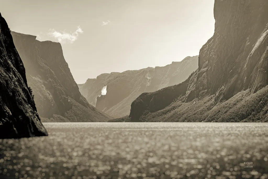 Western Brook Pond Sepia by Nathan Larson. SKU 101661i. Archival Giclee Fine art print for wall decor.