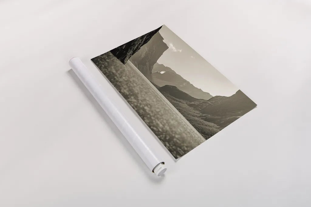 Western Brook Pond Sepia by Nathan Larson. shown as a rolled paper print. Available as archival giclee rolled canvas, fine art paper, or poster print. SKU 101661i.