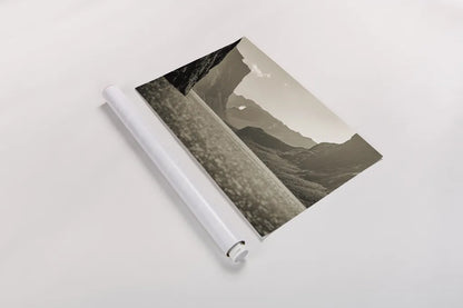 Western Brook Pond Sepia by Nathan Larson. shown as a rolled paper print. Available as archival giclee rolled canvas, fine art paper, or poster print. SKU 101661i.