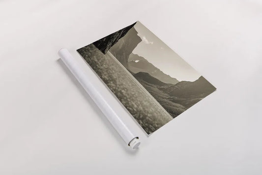 Western Brook Pond Sepia by Nathan Larson. shown as a rolled paper print. Available as archival giclee rolled canvas, fine art paper, or poster print. SKU 101661i.