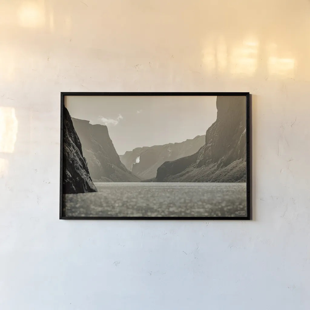 Western Brook Pond Sepia by Nathan Larson. shown as a paper print in a black flame. Available as a archival giclee rolled canvas, fine art paper, or poster print. SKU 101661i.