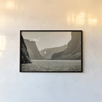 Western Brook Pond Sepia by Nathan Larson. shown as a paper print in a black flame. Available as a archival giclee rolled canvas, fine art paper, or poster print. SKU 101661i.