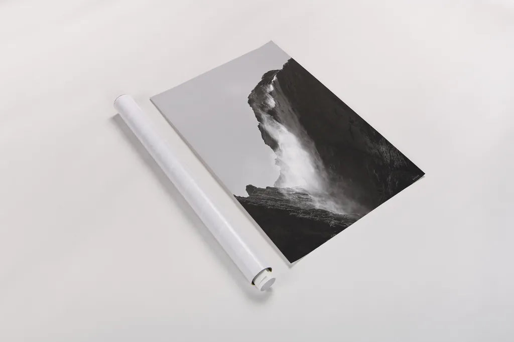 Western Brook Pond Waterfall by Nathan Larson. shown as a rolled paper print. Available as archival giclee rolled canvas, fine art paper, or poster print. SKU 100501h.