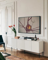 What is Golden by Nathan Larson. shown as a framed stretched canvas in a living room above a console. Available as a archival giclee rolled canvas, fine art paper, or poster print. SKU 72698i.
