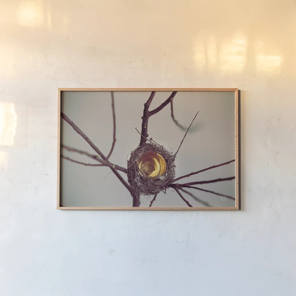 What is Golden by Nathan Larson. shown as a paper print in a natural frame. Available as a archival giclee rolled canvas, fine art paper, or poster print. SKU 72698i.