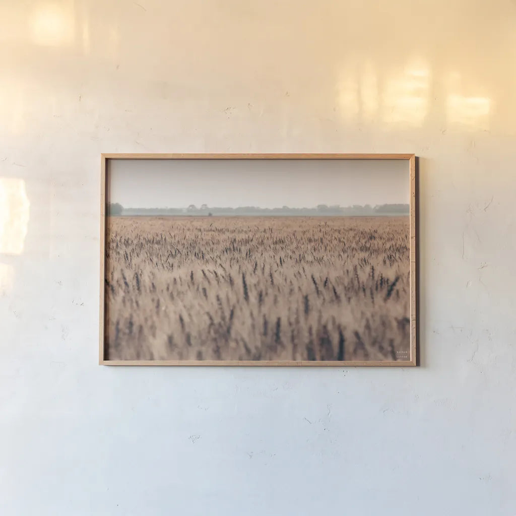 Wheat in Summer by Nathan Larson. shown as a paper print in a natural frame. Available as a archival giclee rolled canvas, fine art paper, or poster print. SKU 101591i.