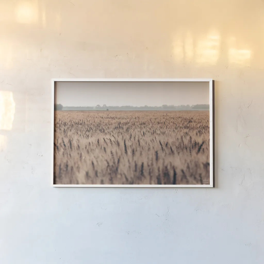 Wheat in Summer by Nathan Larson. shown as a paper print in a white frame. Available as a archival giclee rolled canvas, fine art paper, or poster print. SKU 101591i.