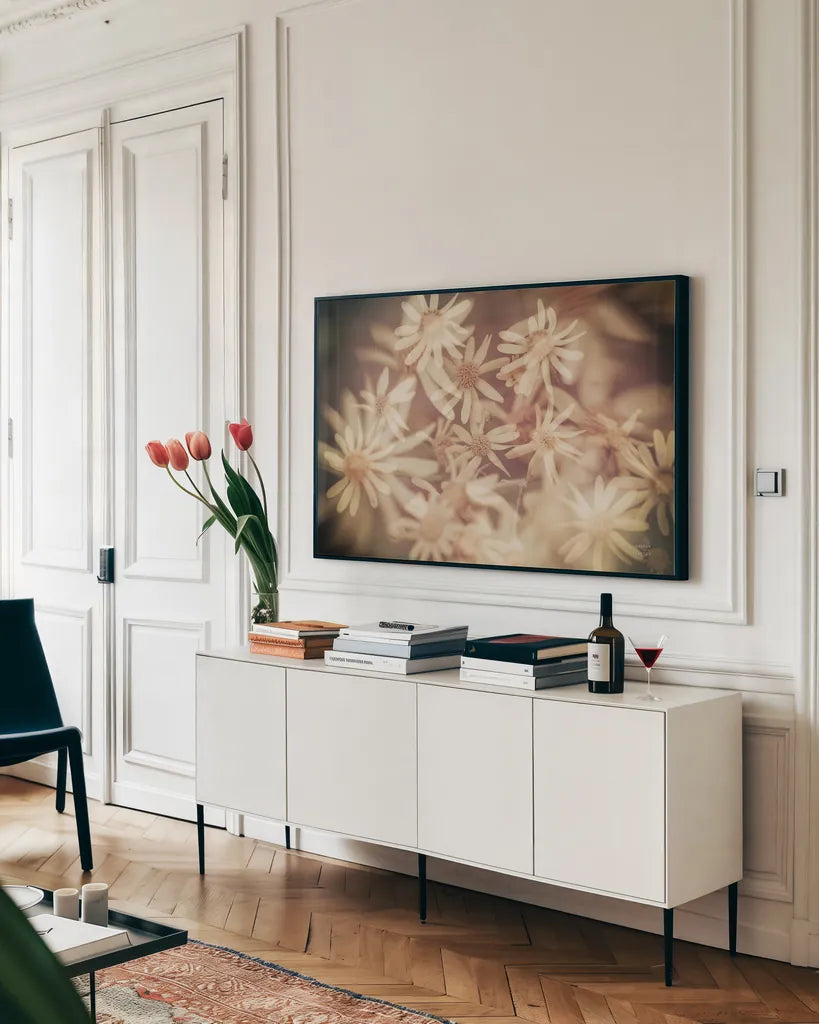 Wild Blooms III by Nathan Larson. shown as a framed stretched canvas in a living room above a console. Available as a archival giclee rolled canvas, fine art paper, or poster print. SKU 85772i.