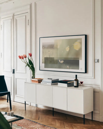 Wildflower Collage by Nathan Larson. shown as a framed stretched canvas in a living room above a console. Available as a archival giclee rolled canvas, fine art paper, or poster print. SKU 72700i.