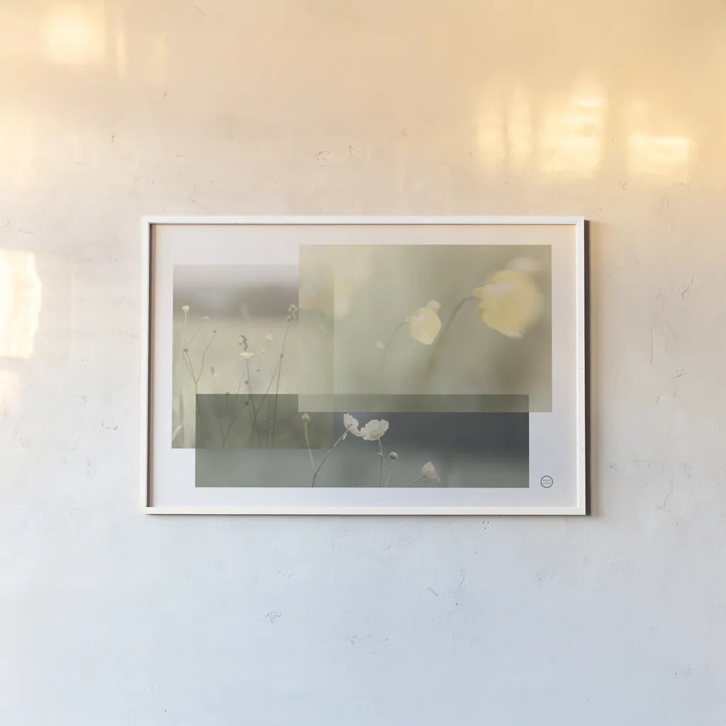 Wildflower Collage by Nathan Larson. shown as a paper print in a white frame. Available as a archival giclee rolled canvas, fine art paper, or poster print. SKU 72700i.