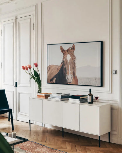 Wind Blown by Nathan Larson. shown as a framed stretched canvas in a living room above a console. Available as a archival giclee rolled canvas, fine art paper, or poster print. SKU 83663i.
