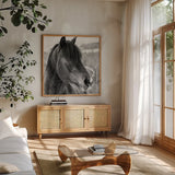 Winter Horse I by Nathan Larson. Shown in a natural wood frame in a cozy modern living room. Available as an archival giclee rolled canvas, fine art paper, or poster print. SKU 76534a.
