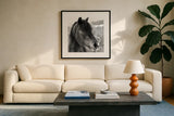 Winter Horse I by Nathan Larson. Displayed in a glass frame with matte in a clean modern living room. Available as an archival giclee rolled canvas, fine art paper, or poster print. SKU 76534a.