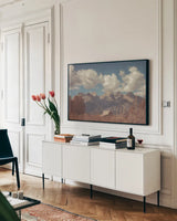 Wyoming Mountain Lazy Days by Nathan Larson. shown as a framed stretched canvas in a living room above a console. Available as a archival giclee rolled canvas, fine art paper, or poster print. SKU 92600i.