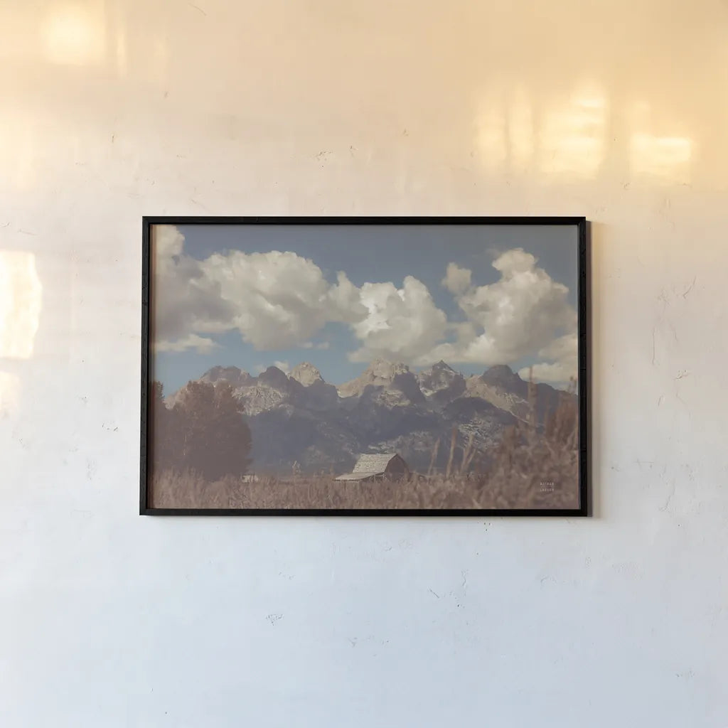 Wyoming Mountain Lazy Days by Nathan Larson. shown as a paper print in a black flame. Available as a archival giclee rolled canvas, fine art paper, or poster print. SKU 92600i.