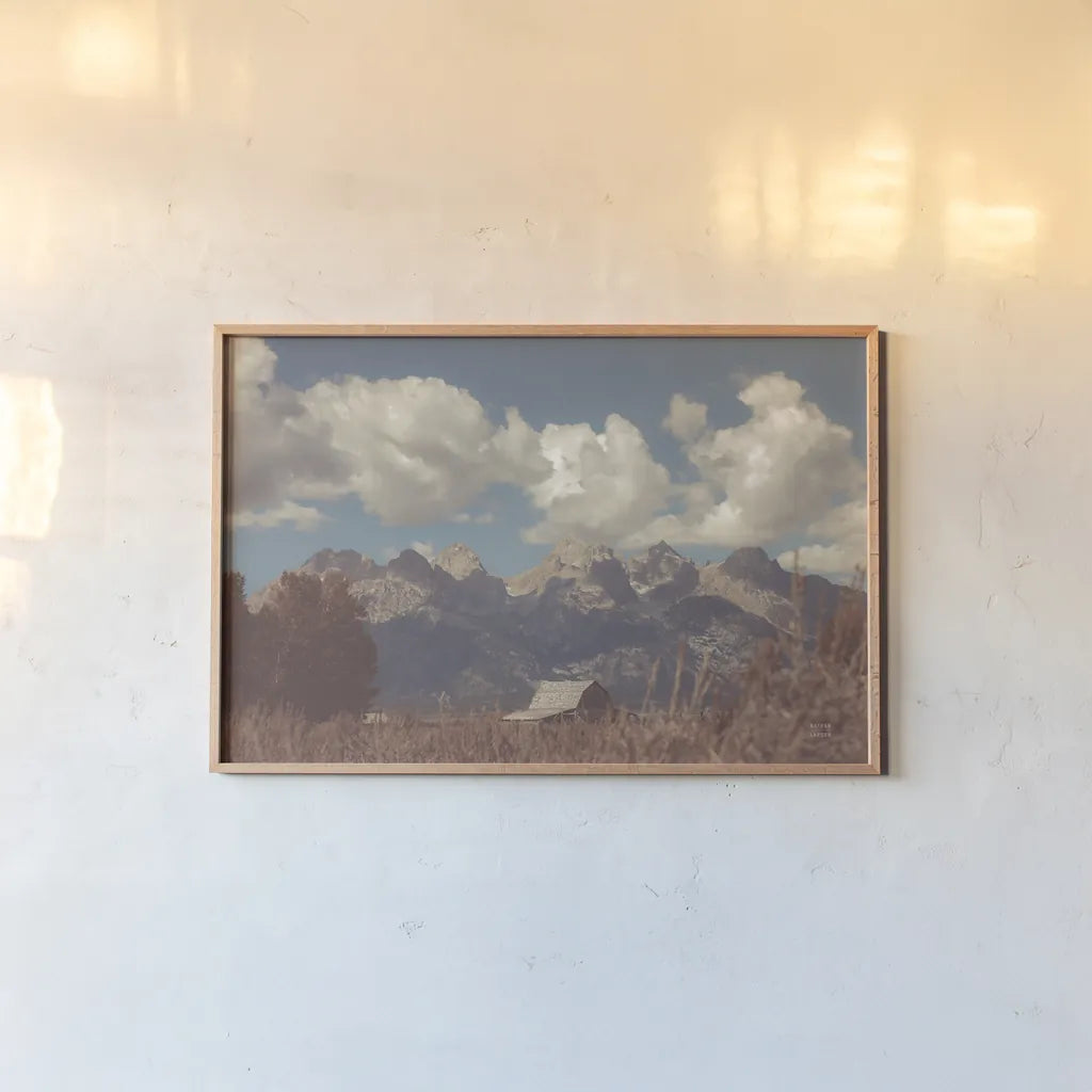 Wyoming Mountain Lazy Days by Nathan Larson. shown as a paper print in a natural frame. Available as a archival giclee rolled canvas, fine art paper, or poster print. SKU 92600i.