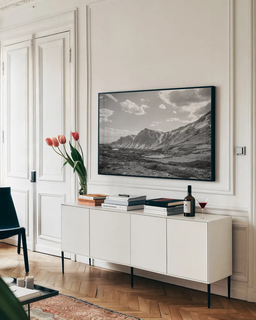 Wyoming Wonder by Nathan Larson. shown as a framed stretched canvas in a living room above a console. Available as a archival giclee rolled canvas, fine art paper, or poster print. SKU 81750i.