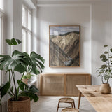 Yellowstone Summer by Nathan Larson. shown as a print in a natural wood frame in a dining room. Available as a archival giclee rolled canvas, fine art paper, or poster print. SKU 92471h.