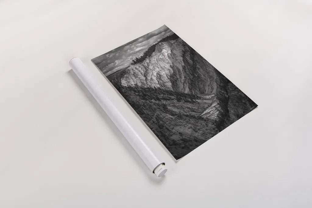 Yellowstone Summers Black and White by Nathan Larson. shown as a rolled paper print. Available as archival giclee rolled canvas, fine art paper, or poster print. SKU 92472h.