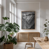 Yellowstone Summers Black and White by Nathan Larson. shown as a print in a natural wood frame in a dining room. Available as a archival giclee rolled canvas, fine art paper, or poster print. SKU 92472h.