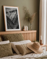 Yellowstone Summers Black and White by Nathan Larson. shown as a paper print in a natural frame. Available as a archival giclee rolled canvas, fine art paper, or poster print. SKU 92472h.