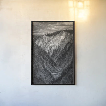 Yellowstone Summers Black and White by Nathan Larson. shown as a paper print in a black flame. Available as a archival giclee rolled canvas, fine art paper, or poster print. SKU 92472h.