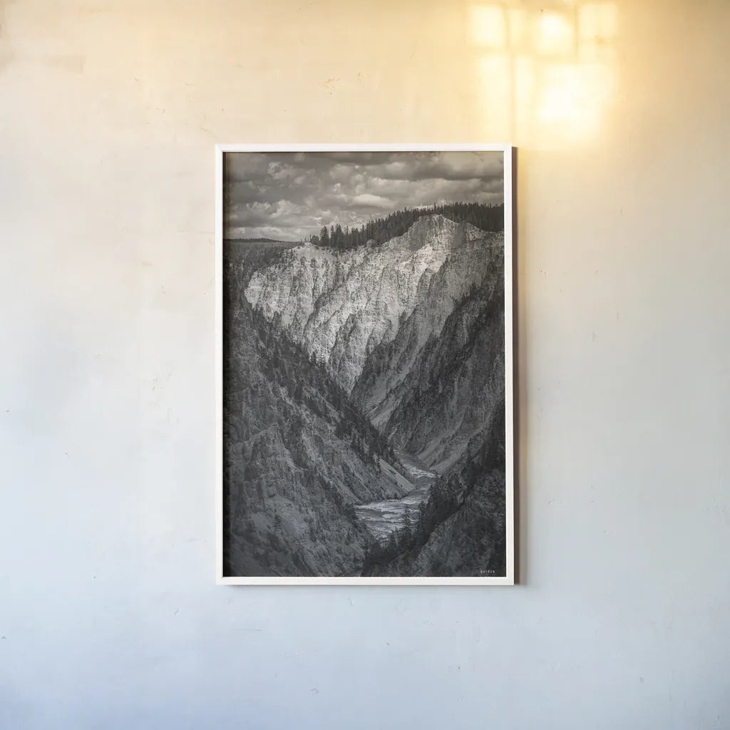 Yellowstone Summers Black and White by Nathan Larson. shown as a paper print in a white frame. Available as a archival giclee rolled canvas, fine art paper, or poster print. SKU 92472h.