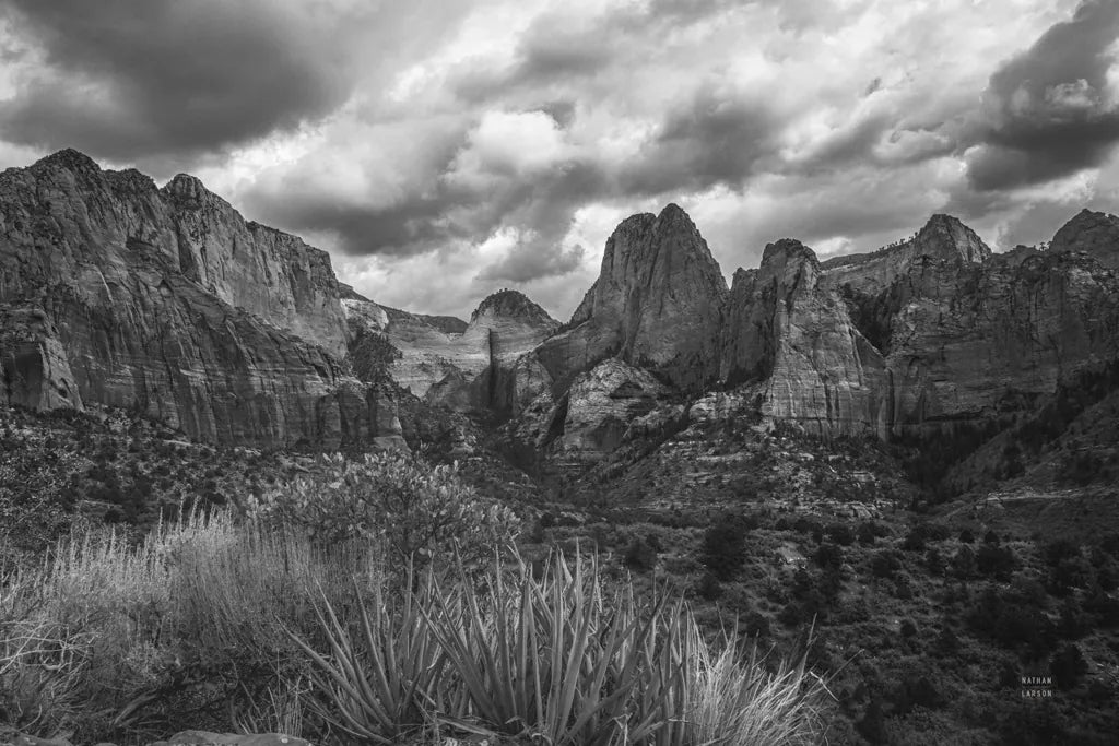 Zion National Park Storms BW by Nathan Larson. SKU 95630i. Archival Giclee Fine art print for wall decor.