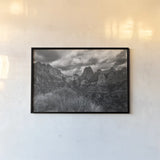 Zion National Park Storms BW by Nathan Larson. shown as a paper print in a black flame. Available as a archival giclee rolled canvas, fine art paper, or poster print. SKU 95630i.