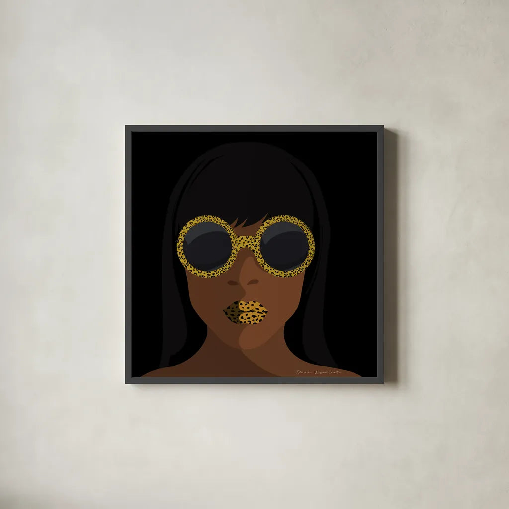 Accessorize I Square by Omar Escalante. Shown in a sleek black glass frame for a contemporary gallery look. Available as an archival giclee rolled canvas, fine art paper, or poster print. SKU 78265a.