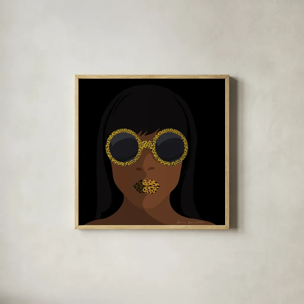Accessorize I Square by Omar Escalante. Shown in a natural wood glass frame for a timeless modern aesthetic. Available as an archival giclee rolled canvas, fine art paper, or poster print. SKU 78265a.