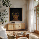 Accessorize I Square by Omar Escalante. Shown in a natural wood frame in a cozy modern living room. Available as an archival giclee rolled canvas, fine art paper, or poster print. SKU 78265a.
