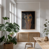 Accessorize II Yellow Lips by Omar Escalante. shown as a print in a natural wood frame in a dining room. Available as a archival giclee rolled canvas, fine art paper, or poster print. SKU 77085h.
