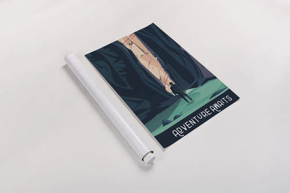 Adventure Awaits by Omar Escalante. shown as a rolled paper print. Available as archival giclee rolled canvas, fine art paper, or poster print. SKU 65932h.