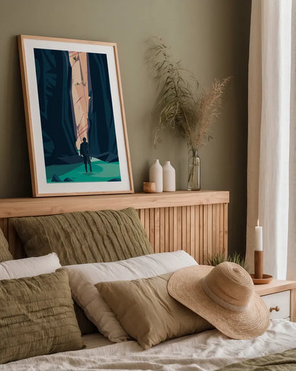 Adventure Awaits by Omar Escalante. shown as a paper print in a natural frame. Available as a archival giclee rolled canvas, fine art paper, or poster print. SKU 65932h.