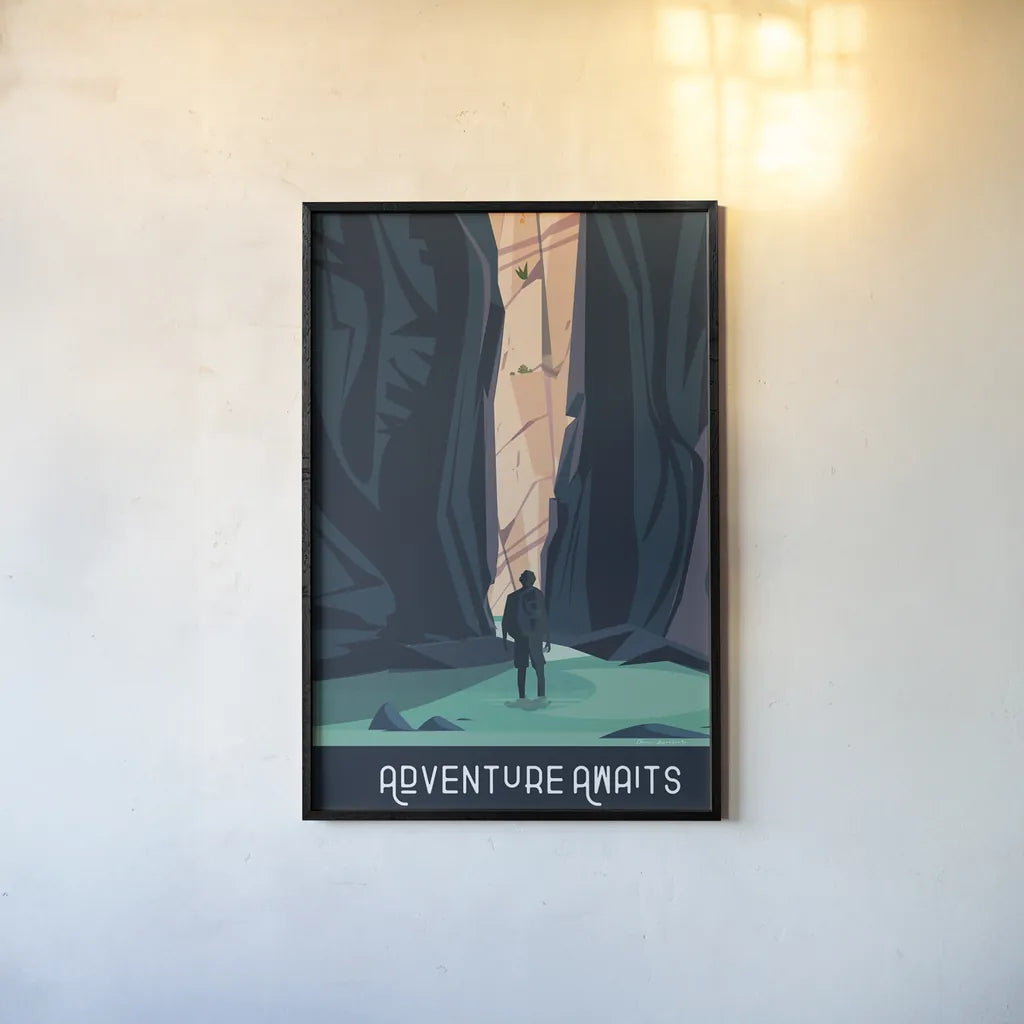 Adventure Awaits by Omar Escalante. shown as a paper print in a black flame. Available as a archival giclee rolled canvas, fine art paper, or poster print. SKU 65932h.