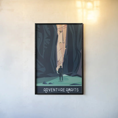 Adventure Awaits by Omar Escalante. shown as a paper print in a black flame. Available as a archival giclee rolled canvas, fine art paper, or poster print. SKU 65932h.