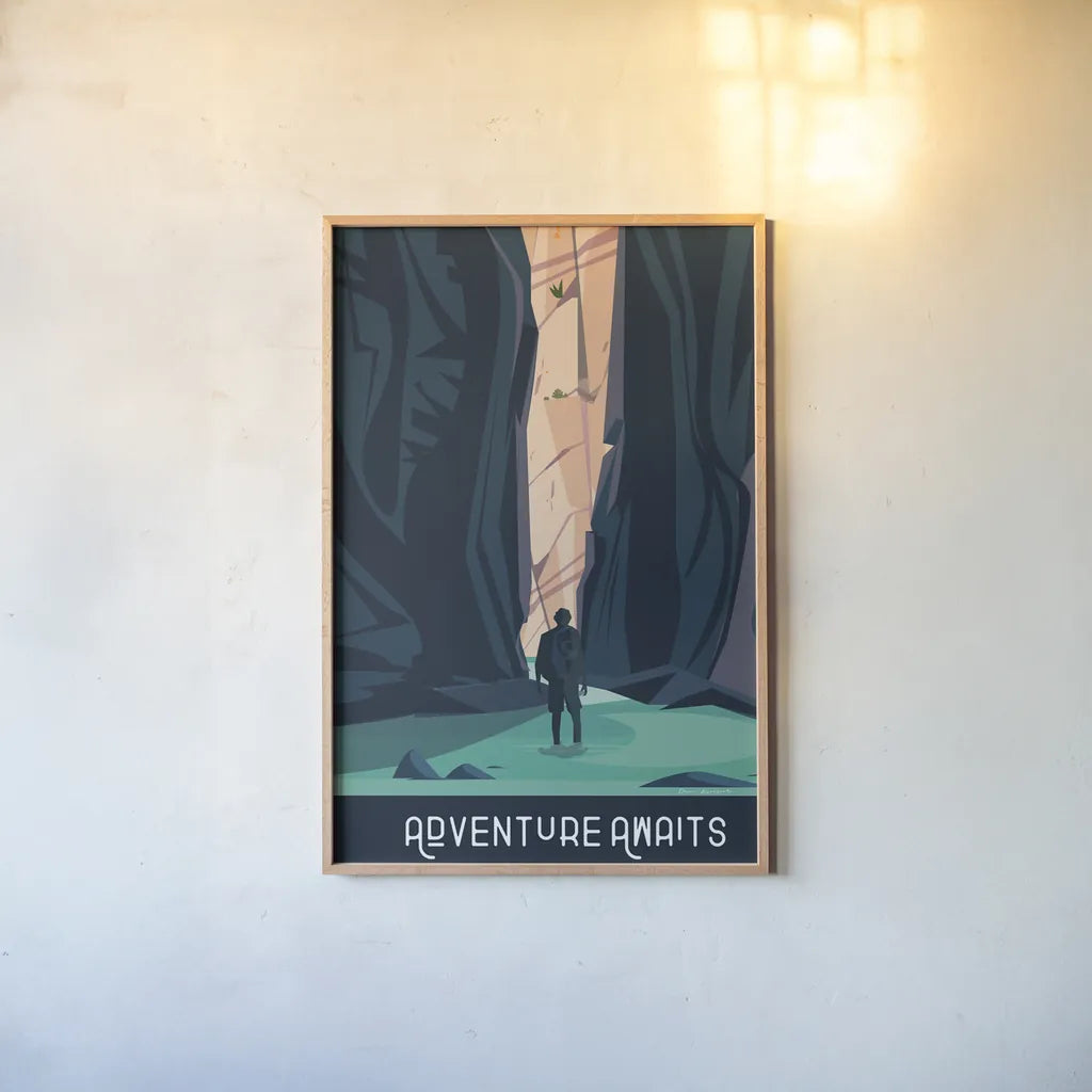 Adventure Awaits by Omar Escalante. shown as a paper print in a natural frame. Available as a archival giclee rolled canvas, fine art paper, or poster print. SKU 65932h.