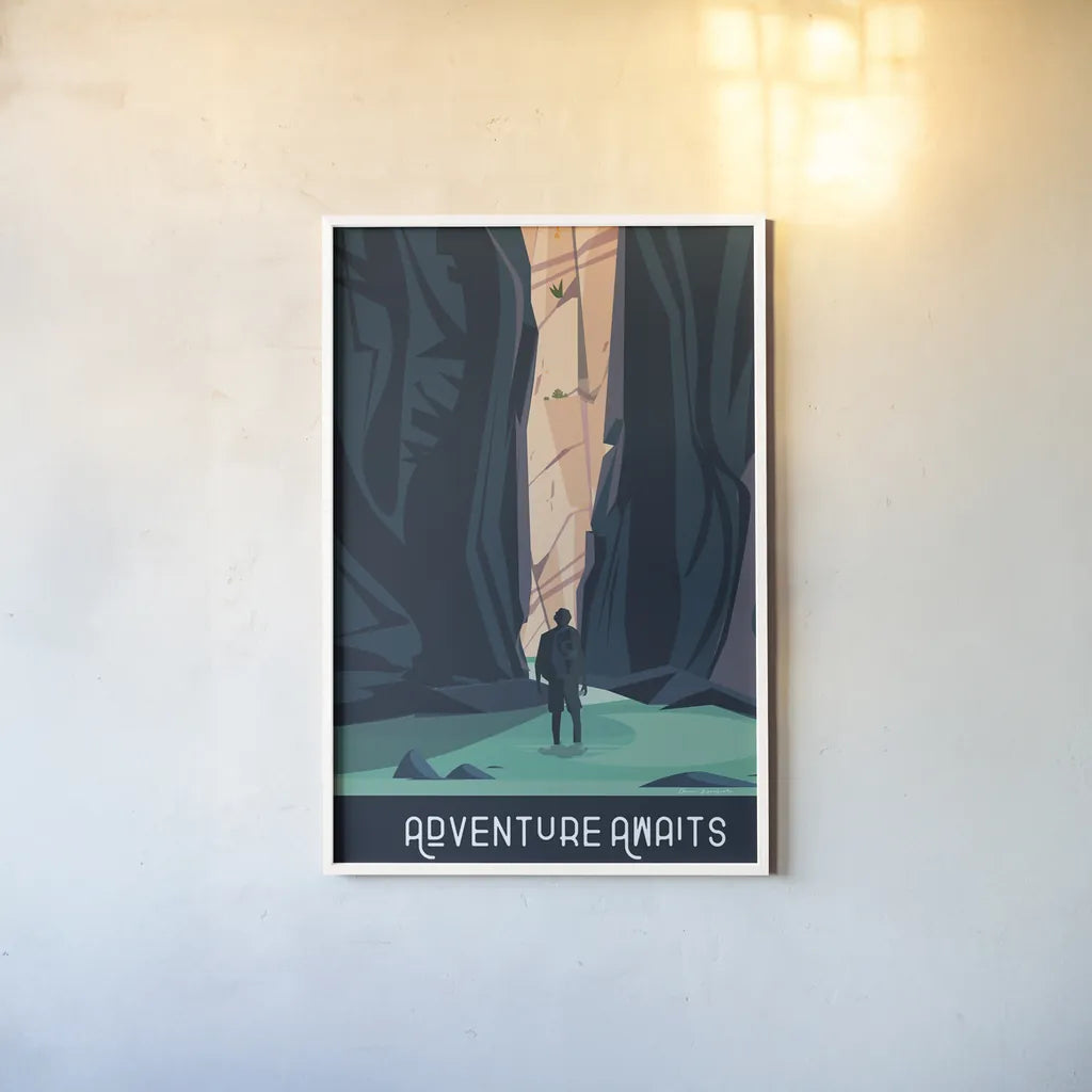 Adventure Awaits by Omar Escalante. shown as a paper print in a white frame. Available as a archival giclee rolled canvas, fine art paper, or poster print. SKU 65932h.