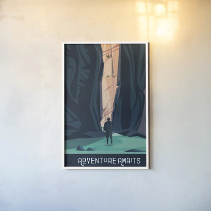 Adventure Awaits by Omar Escalante. shown as a paper print in a white frame. Available as a archival giclee rolled canvas, fine art paper, or poster print. SKU 65932h.