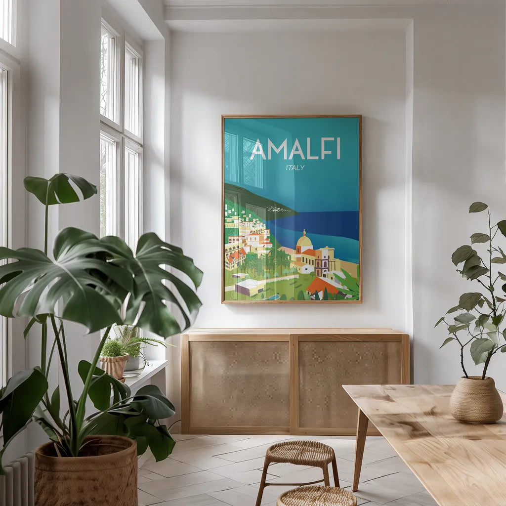 Amalfi by Omar Escalante. shown as a print in a natural wood frame in a dining room. Available as a archival giclee rolled canvas, fine art paper, or poster print. SKU 62762h.