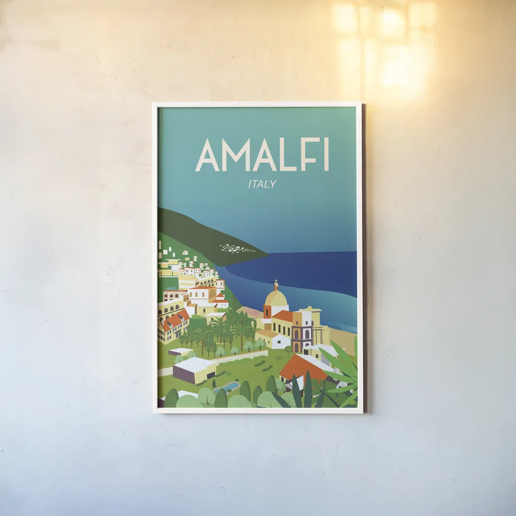 Amalfi by Omar Escalante. shown as a paper print in a white frame. Available as a archival giclee rolled canvas, fine art paper, or poster print. SKU 62762h.