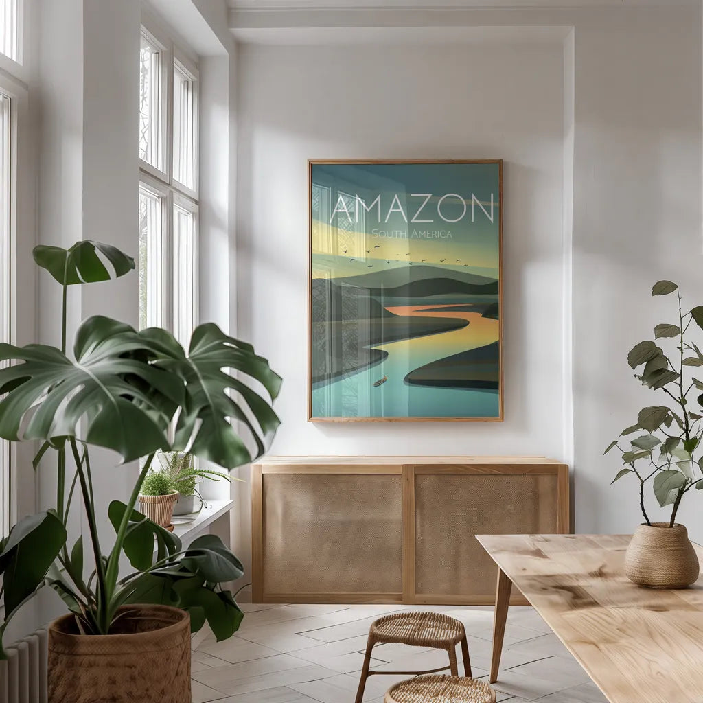 Amazon by Omar Escalante. shown as a print in a natural wood frame in a dining room. Available as a archival giclee rolled canvas, fine art paper, or poster print. SKU 71453h.