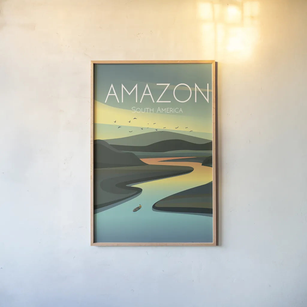 Amazon by Omar Escalante. shown as a paper print in a natural frame. Available as a archival giclee rolled canvas, fine art paper, or poster print. SKU 71453h.