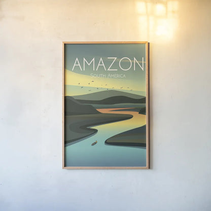 Amazon by Omar Escalante. shown as a paper print in a natural frame. Available as a archival giclee rolled canvas, fine art paper, or poster print. SKU 71453h.