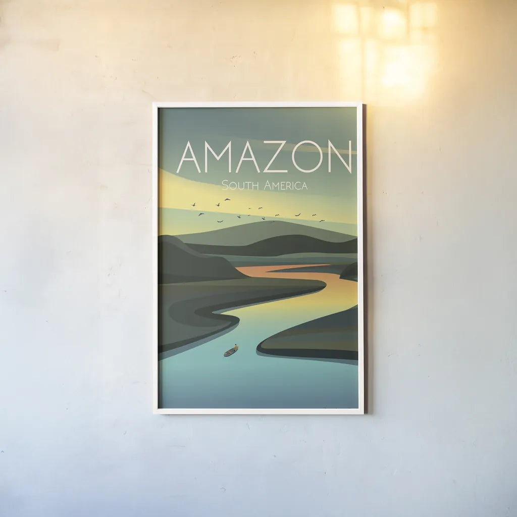 Amazon by Omar Escalante. shown as a paper print in a white frame. Available as a archival giclee rolled canvas, fine art paper, or poster print. SKU 71453h.