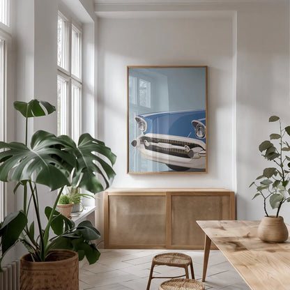 American Vintage Car II by Omar Escalante. shown as a print in a natural wood frame in a dining room. Available as a archival giclee rolled canvas, fine art paper, or poster print. SKU 70263h.