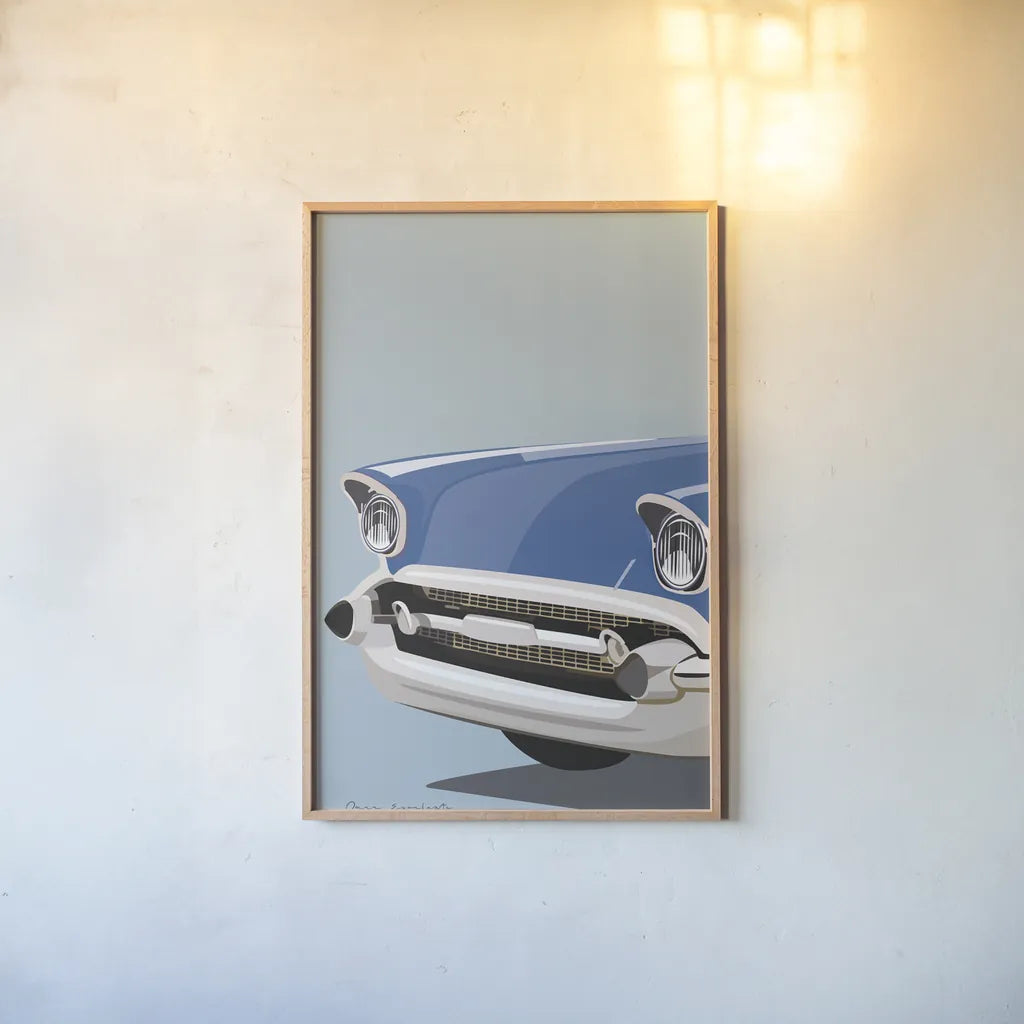 American Vintage Car II by Omar Escalante. shown as a paper print in a natural frame. Available as a archival giclee rolled canvas, fine art paper, or poster print. SKU 70263h.