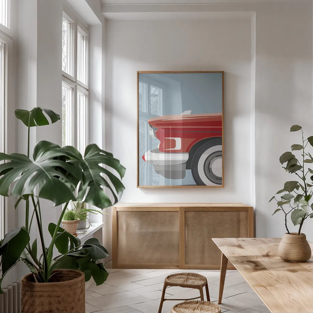Amrican Vintage Car III by Omar Escalante. shown as a print in a natural wood frame in a dining room. Available as a archival giclee rolled canvas, fine art paper, or poster print. SKU 70264h.